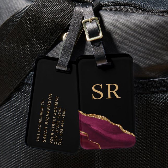 Burgundy Red Gold Agate Monogram Luggage Tag (Creator Uploaded)
