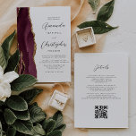 Burgundy Red Gold Agate QR Code Wedding Invitation<br><div class="desc">The left-hand edge of this elegant modern wedding invitation features a burgundy red watercolor agate border trimmed with faux gold glitter. The customisable text combines charcoal grey script and sans serif fonts on a white background. The reverse side provides space for wedding details, along with a QR code guests can...</div>