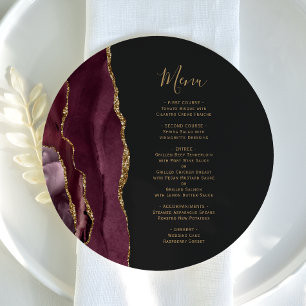 Burgundy Red Gold Agate Round Plate Wedding Menu