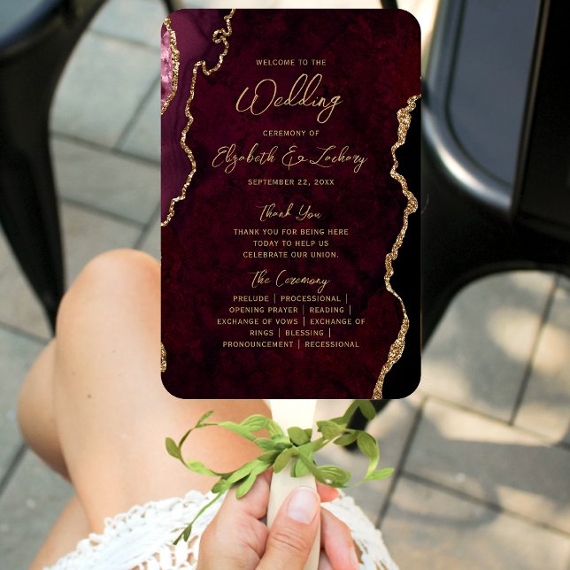 Burgundy Red Gold Agate Script Wedding Program Hand Fan (Creator Uploaded)