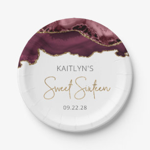 Burgundy Red Gold Agate Sweet 16 Birthday Party Paper Plate