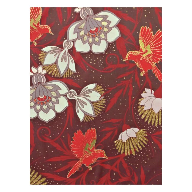 Burgundy Red Gold Bird Flowers Glitter Tablecloth (Front)