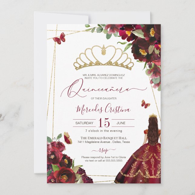 Burgundy Red Gold Butterflies Quince Birthday Invitation (Front)