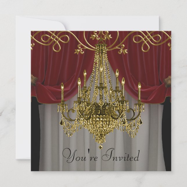 Burgundy Red Gold Chandelier Party Invitations (Front)