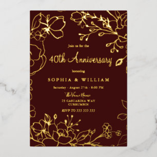 Burgundy Red Gold Floral 40th Wedding Anniversary