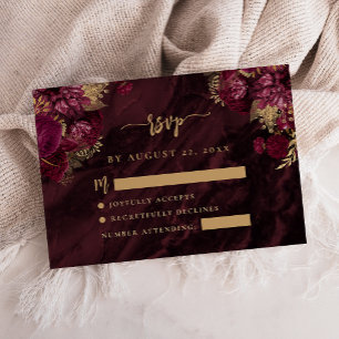 Burgundy Red Gold Floral Agate Script Wedding RSVP Enclosure Card