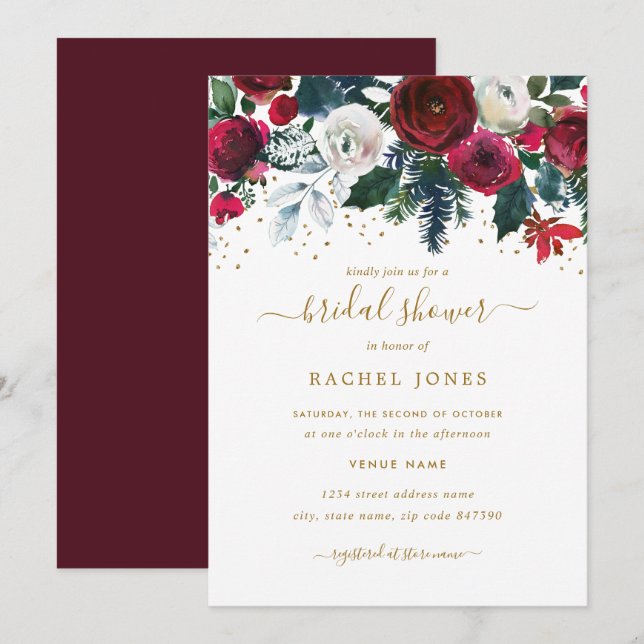 Burgundy Red Gold Floral Christmas Bridal Shower Invitation (Front/Back)