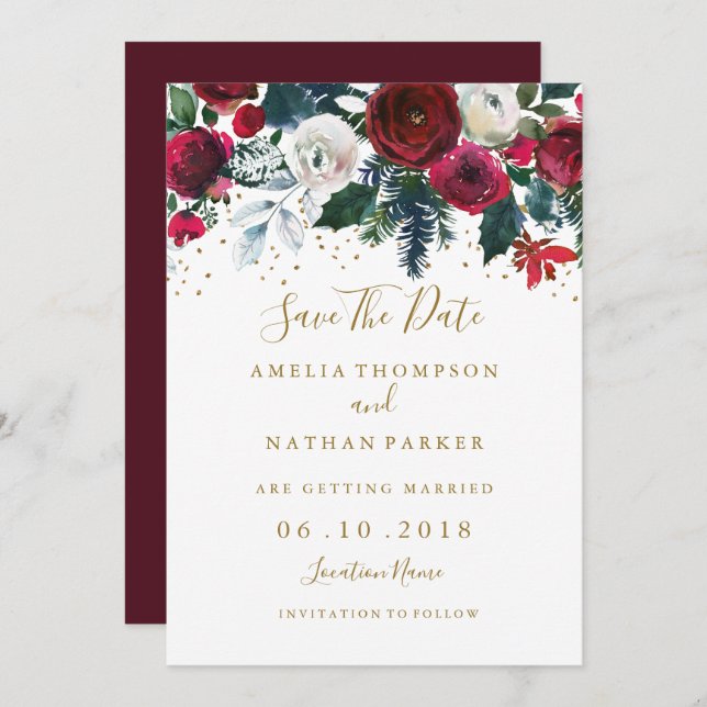 Burgundy Red Gold Floral Christmas Save The Date Invitation (Front/Back)