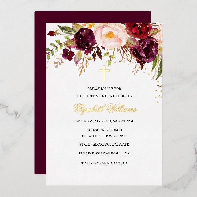 Burgundy Red Gold Floral Cross Girl Baptism  (Front/Back)