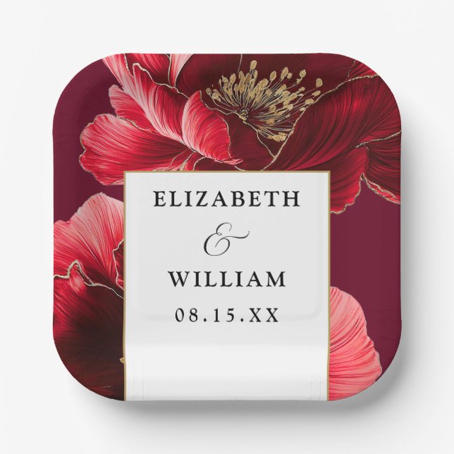 Burgundy Red Gold Floral Elegant Modern Wedding Paper Plate (Front)