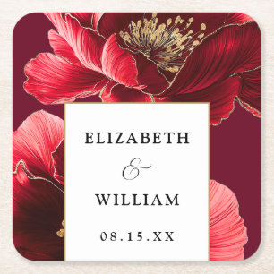 Burgundy Red Gold Floral Elegant Modern Wedding Square Paper Coaster