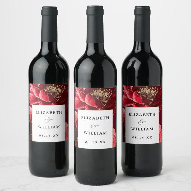 Burgundy Red Gold Floral Elegant Modern Wedding Wine Label (Bottles)