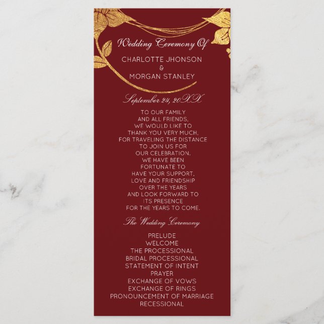 Burgundy Red  Gold Floral Event Wedding Program Programme (Front)