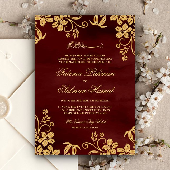 Burgundy Red Gold Floral Islamic Muslim Wedding Invitation (Creator Uploaded)