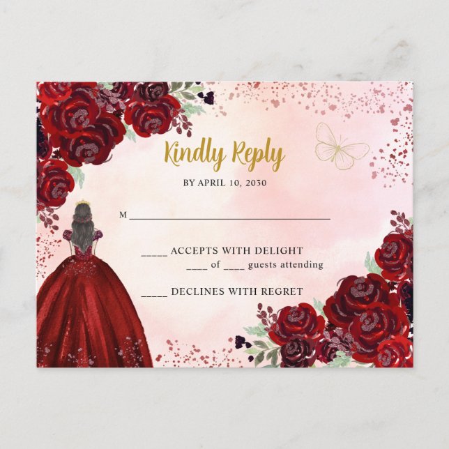 Burgundy Red Gold Floral Princess Quinceañera RSVP Postcard (Front)