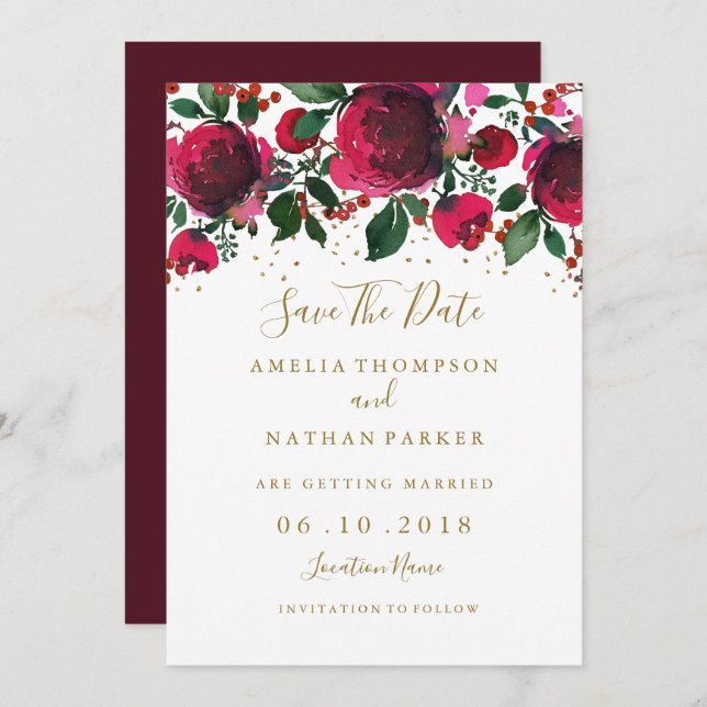 Burgundy Red Gold Floral Save The Date Invitation (Front/Back)