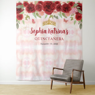 Burgundy Red Gold Floral Tiara Crown Quinceañera Tapestry