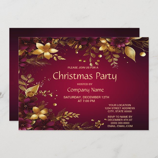 Burgundy Red Gold Flowers Christmas Party Invitation (Front/Back)