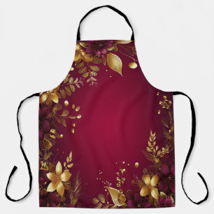 Burgundy Red Gold Flowers Holiday Apron
