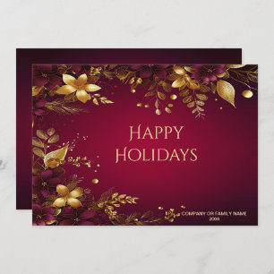 Burgundy Red Gold Flowers Holiday Card