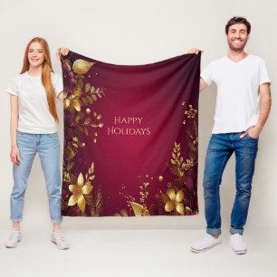 Burgundy Red Gold Flowers Holiday Fleece Blanket