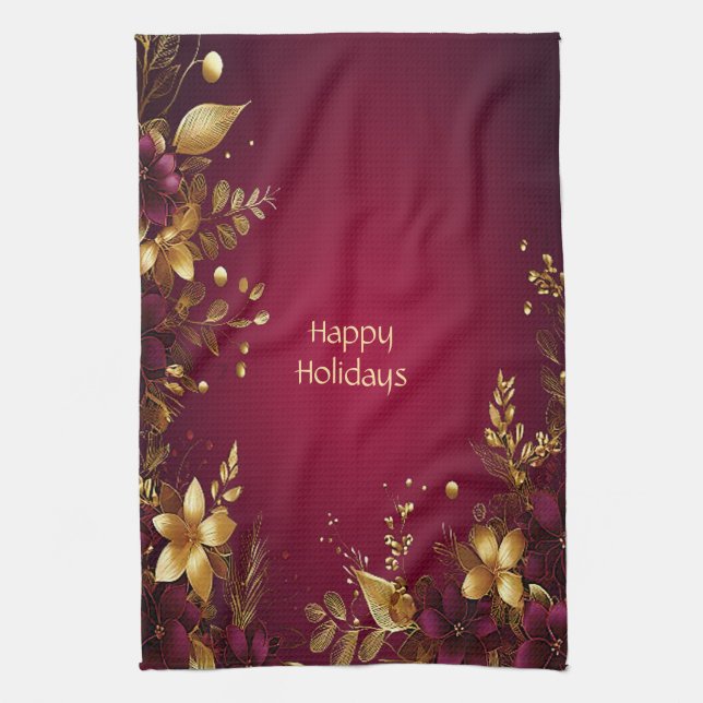 Burgundy Red Gold Flowers Holiday Kitchen Towel (Vertical)
