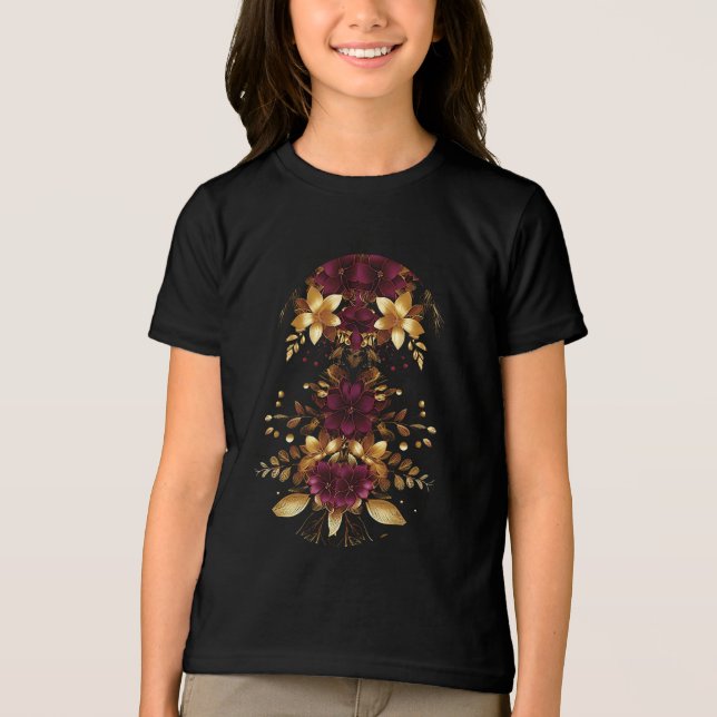Burgundy Red Gold Flowers Holiday T-Shirt Tri-Blend Shirt (Front)