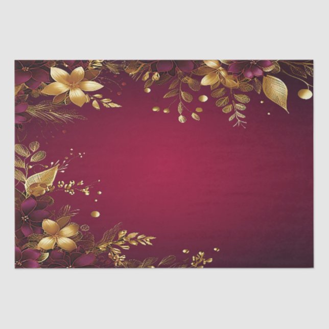 Burgundy Red Gold Flowers Holiday Tissue Paper (Front)