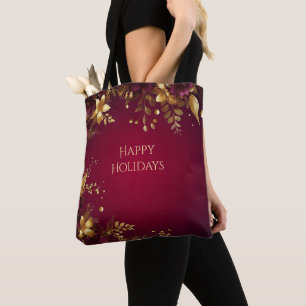 Burgundy Red Gold Flowers Holiday Tote Bag