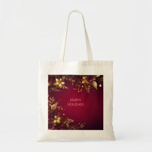 Burgundy Red Gold Flowers Holiday Tote Bag