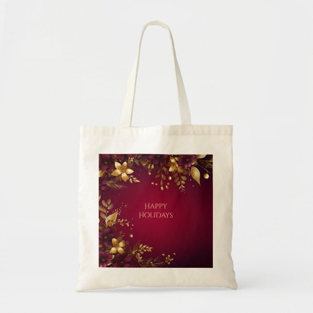 Burgundy Red Gold Flowers Holiday Tote Bag (Front)