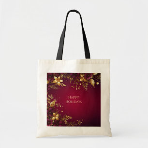 Burgundy Red Gold Flowers Holiday Tote Bag