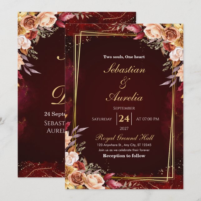 Burgundy Red & Gold Frame Floral Wedding Invite (Front/Back)