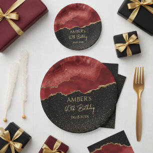 Burgundy Red Gold Glitter Abstract Watercolor Paper Plate