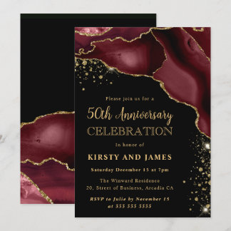 Burgundy Red & Gold Glitter Agate 50th Anniversary Invitation