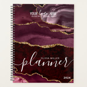 Burgundy Red Gold Glitter Agate Business Logo Planner