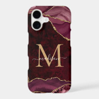 Burgundy Red Gold Glitter Agate Gemstone Monogram