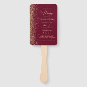 Burgundy Red Gold Glitter Edge Wedding Program Hand Fan