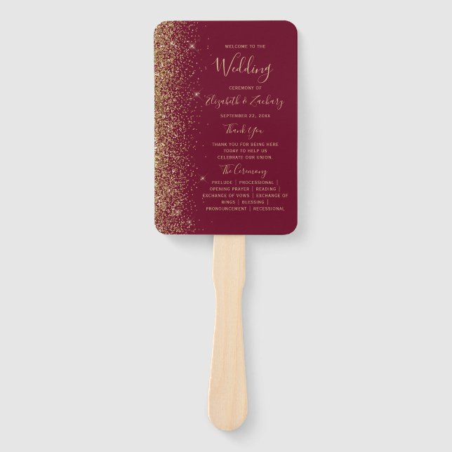 Burgundy Red Gold Glitter Edge Wedding Program Hand Fan (Front)