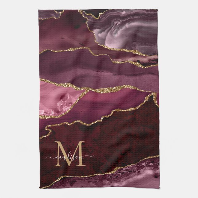 Burgundy Red Gold Glitter Geode Marble Monogram Tea Towel (Vertical)
