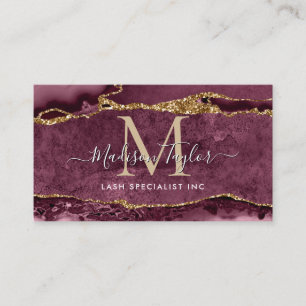 Burgundy Red Gold Glitter Marble Agate Monogram Business Card