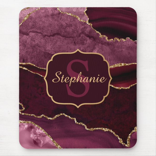 Burgundy Red & Gold Glitter Marble Agate Monogram Mouse Pad (Front)