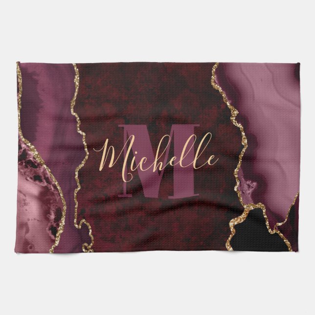 Burgundy Red & Gold Glitter Marble Agate Monogram Tea Towel (Horizontal)