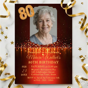 Burgundy Red & Gold Glitter Photo 80th Birthday Invitation