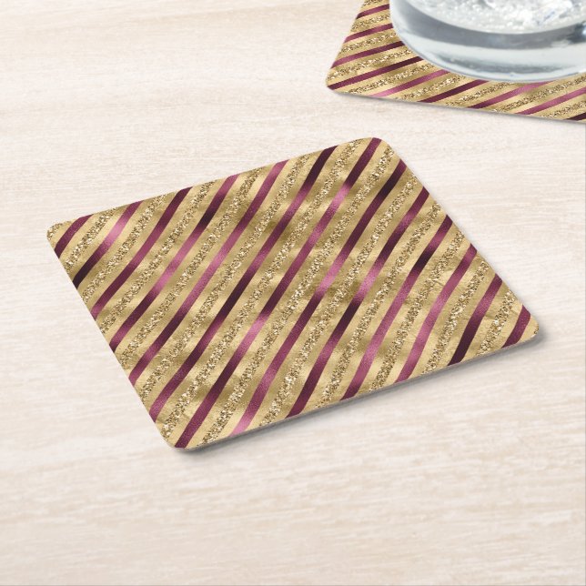 Burgundy Red Gold Glitter Stripes            Square Paper Coaster (Angled)