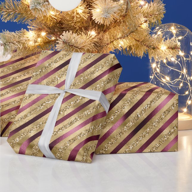 Burgundy Red Gold Glitter Stripes Wrapping Paper (Holidays)