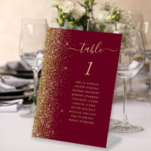 Burgundy Red Gold Glitter Wedding Table Number Pedestal Sign