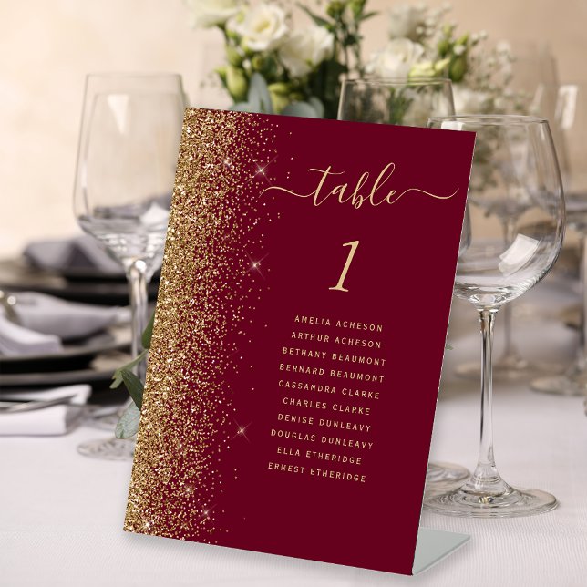 Burgundy Red Gold Glitter Wedding Table Number Pedestal Sign (Creator Uploaded)