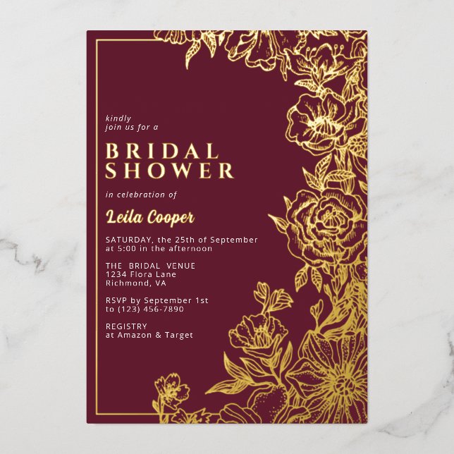 Burgundy Red + Gold | Ornate Maroon Bridal Shower (Front)