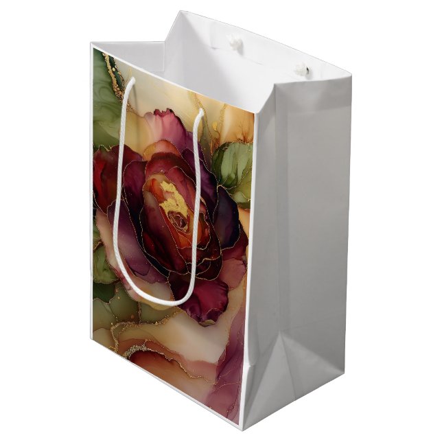 Burgundy Red Gold Rose Floral Bridal Shower Medium Gift Bag (Front Angled)